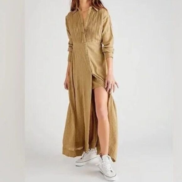 Free People Sadie Solid Button Front Long Sleeve Boho Maxi Dress Willow  Green S